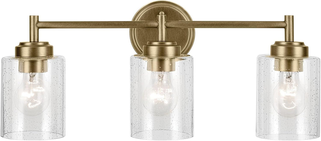 Kichler Winslow 21.5' 3-Light Bathroom Vanity Light Fixture with Clear Seeded Glass in Natural Brass for Luxe Industrial Style Over Mirror (21.5' x 9.25'), 45886NBR