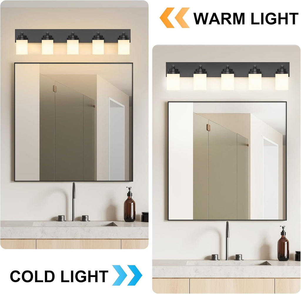 IZORRO Bathroom Vanity Light Fixture, 5-Light 36 Inch Matte Black Bathroom Light Fixtures Over Mirror, with White Glass Shade, Modern Farmhouse Vanity Lights, Rustic Restroom Lighting Fixtures