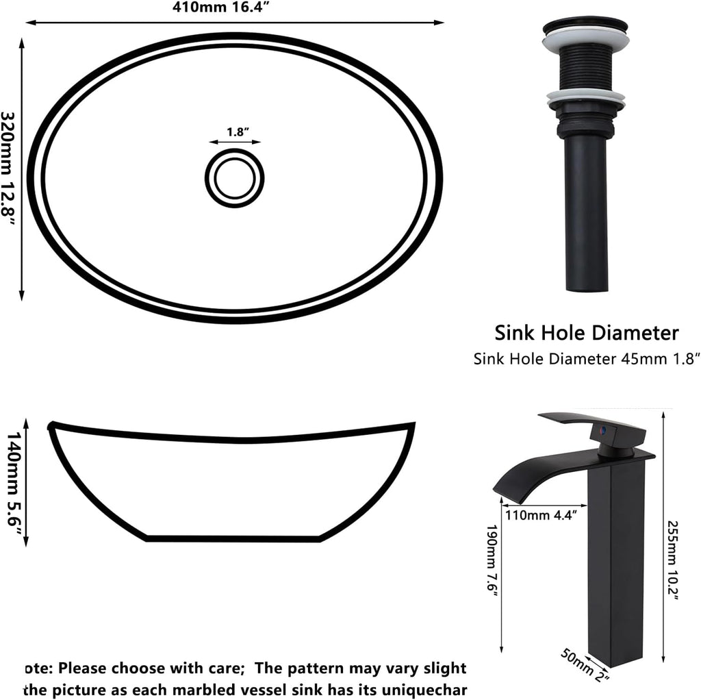 Ceramic Vessel Sink with Faucet and Drain Combo Brown Bathroom Sink Above Counter Oval Sinks Bowl