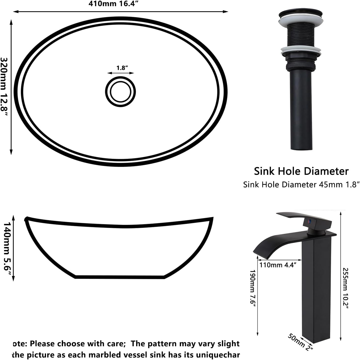 Ceramic Vessel Sink with Faucet and Drain Combo Brown Bathroom Sink Above Counter Oval Sinks Bowl