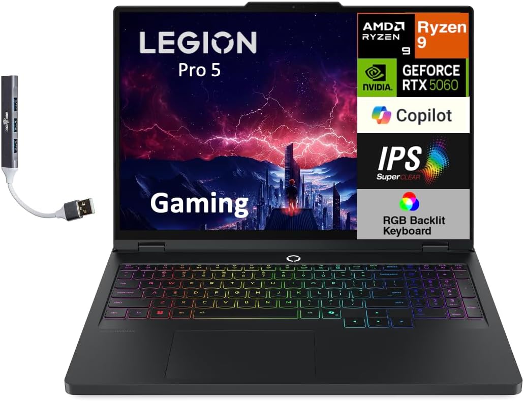 Lenovo Legion Pro 5 AI-Powered Copilot+ Gaming Laptop 16.0' 240 Hz IPS WQXGA (2560x1600) (AMD Ryzen 9 8945HX, GeForce RTX 5060 8GB, 64GB DDR5, 1TB SSD, 24-Zone RGB KB, Win11Pro) w/DKZ Port Expander