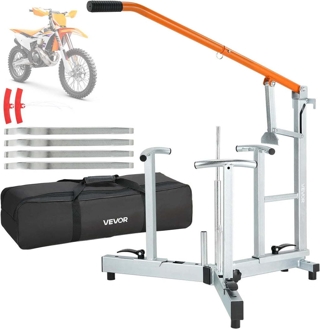 VEVOR Dirt Bike and Dual Sport Tire Changer, Fits for 16'-21' Wheels, 15/17/20/25 mm Axles, Heavy Duty Dirt Bike Tire Changing Tool Kit with Bead Breaker, Irons, Protective Sleeves, and Storage Bag