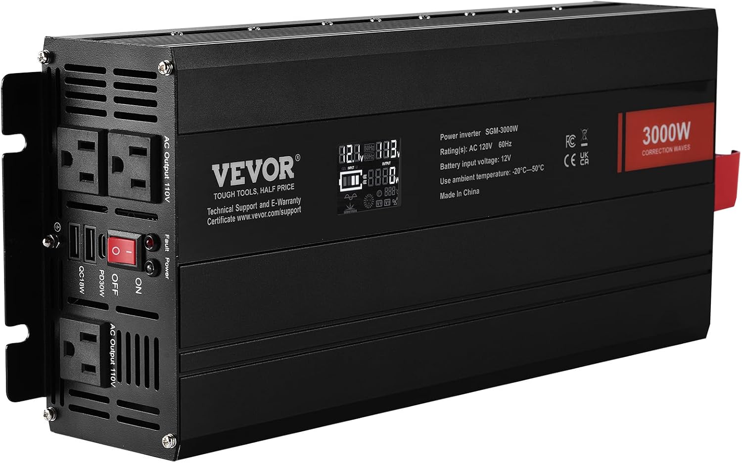 VEVOR Modified Sine Wave Inverter, 3000Watt, DC 12V to AC 120V LCD Display Power Inverter with 3 AC Outlets 2 USB Port 1 Type-C Port 10 Spare Fuses, for Large Household Equipment, CE FCC Certified