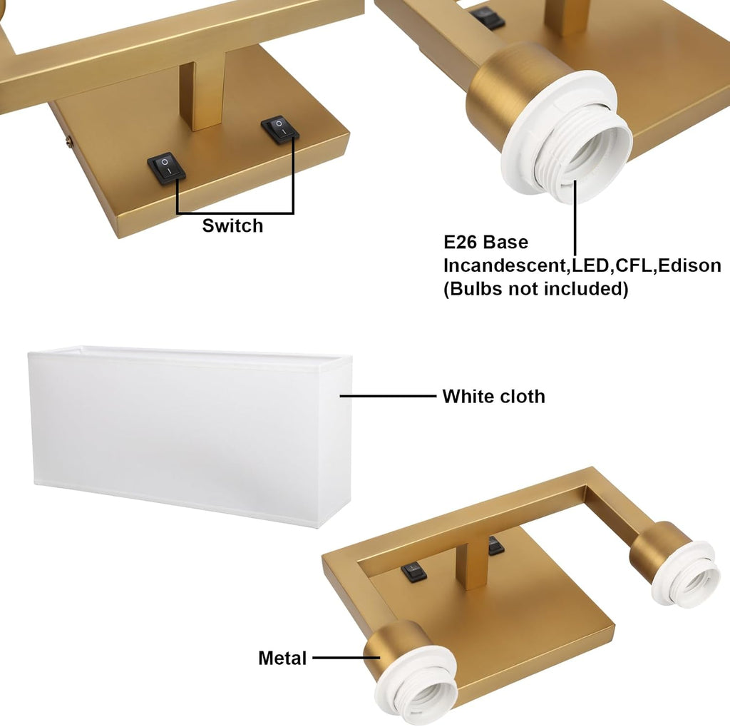 Yosoan Set of 2 Indoor Bedside Wall Sconce with On Off Switch, Modern Boho Interior Finish Brass 2-Light Vanity Vintage Industrial with Square White Fabric Shade for Reading Room Hallway(Antique)