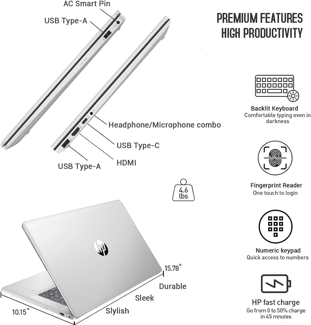HP 17 Touchscreen Laptop Computer, 17.3' HD+ Touch Screen Business PC, Intel Core i7, 16GB RAM 512GB SSD, Windows 11 Pro, 10 Key Numeric Backlit Keyboard, Fingerprint Reader