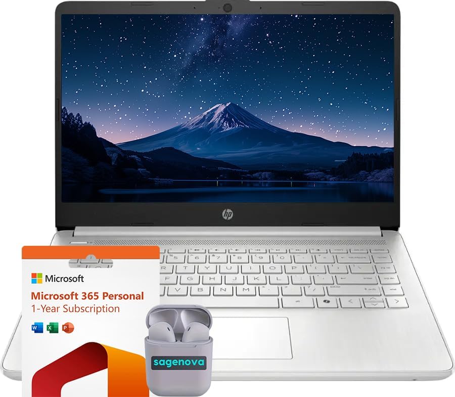 HP 14' Business Laptop Computer with Microsoft Office 365, 4-Core Intel Processor, 128GB SSD + 1TB Cloud Storage, 8GB RAM, Windows 11, SageNova Earphones, Natural Silver