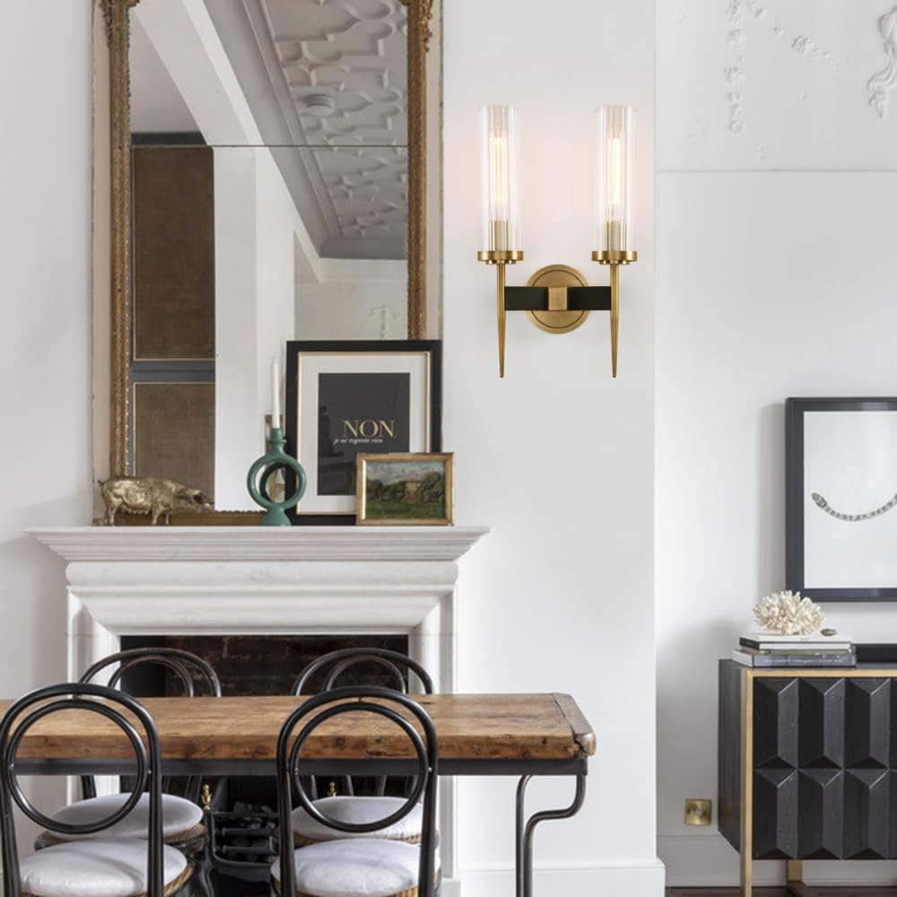 PERMO wall sconces 2 Lights Glod Wall Light Fixtures with 2.8' Cylindrical Clear Glass Shade Brass Double sconces for Living Room Bathroom Corridor Mirror Bedroom