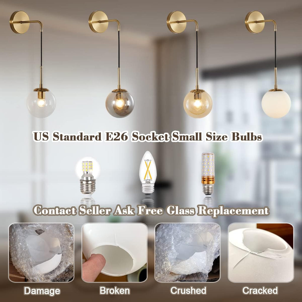 BOKT Mid Century Modern Globe Wall Sconce Lighting Set of Two Plug in Brushed Brass Gold Bathroom Wall Light Set of 2 Plug in Cord Clear Bubble Glass Ball Bedroom Wall Lamp(Clear)