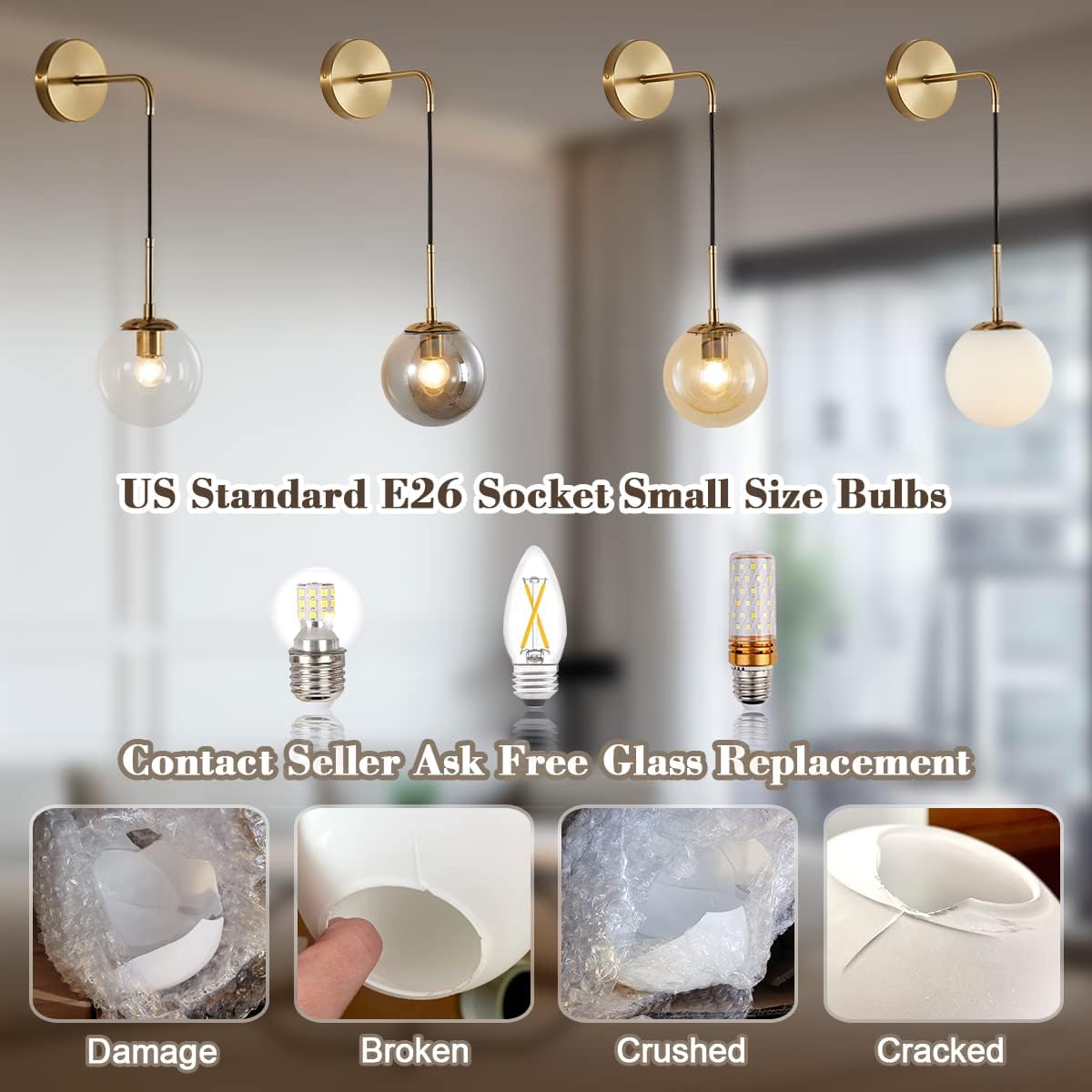 BOKT Mid Century Modern Globe Wall Sconce Lighting Set of 2 Brushed Brass Gold Amber Glass Round Wall Light Fixture Set of Two Vintage Vanity Bathroom Globe Wall Lamp (Amber)