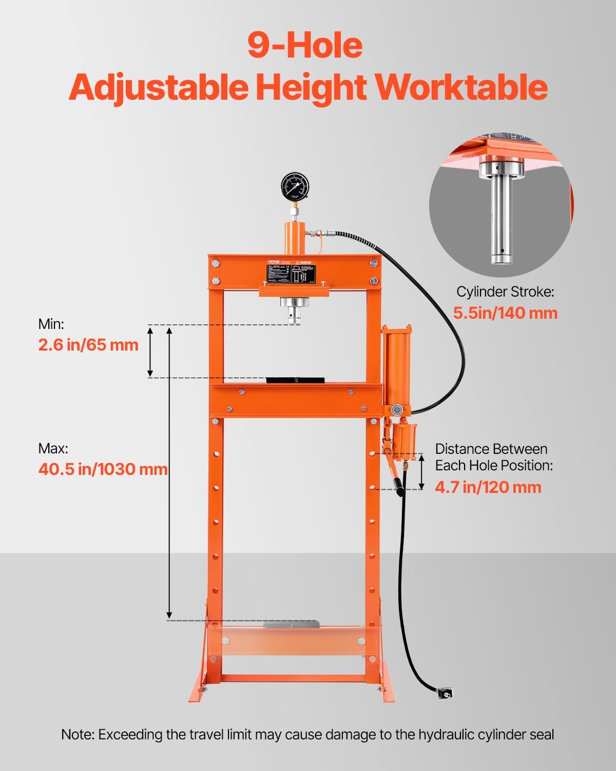 VEVOR Hydraulic Shop Press, 20 T H-Frame Pneumatic Shop Press with Press Plate, Stable Garage Floor Adjustable Hydraulic Press with Triangular Support, Fit for Bending, Straightening & Stamping