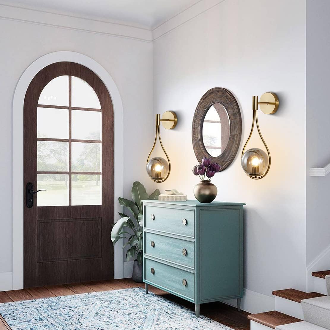 BOKT Modern Golden Metal Wall Sconce Mid Century Simple Wall Lights Farmhouse Wall Lighting Fixture Gold Round Ball Smokey Grey Globes Ceiling Bedside Reading Light for Study Laundry Living Room…