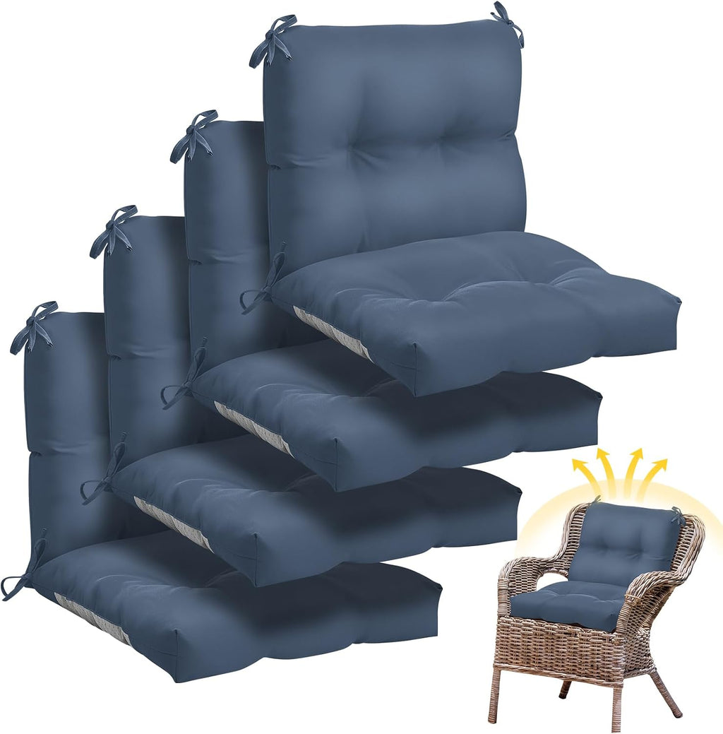 Geetery Outdoor Chair Cushions Set of 4 High Back Patio Furniture Replacement Seat Pads with Ties 42x21x4' for Lawn Porch Wicker Rocking Dining Chairs Weather Resistant Fade Resistant(Blue Gray)