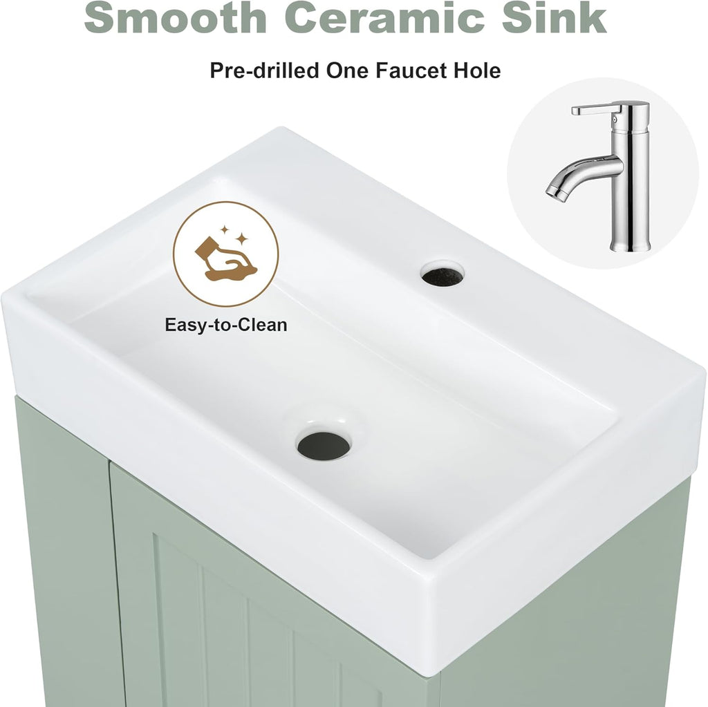 20-inch Bathroom Vanity with Sink Combo, Wall-Mounted Single Storage Cabinet with One Drawer& Left 2-Tier Storage Shelves, Wooden Vanity with Ceramic Basin for Bathroom, Green