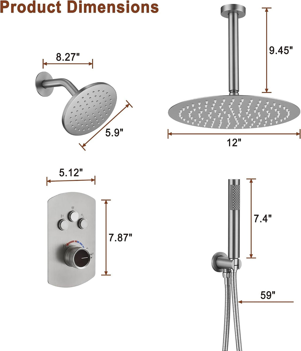 MONDAWE 12 Inch Ceiling Mounted Shower System in Brushed Nickel, 3-Function Shower Faucet Set with Rainfall Dual Shower Head and High Pressure Handheld Spray, All Function Can be Used At the Same Time