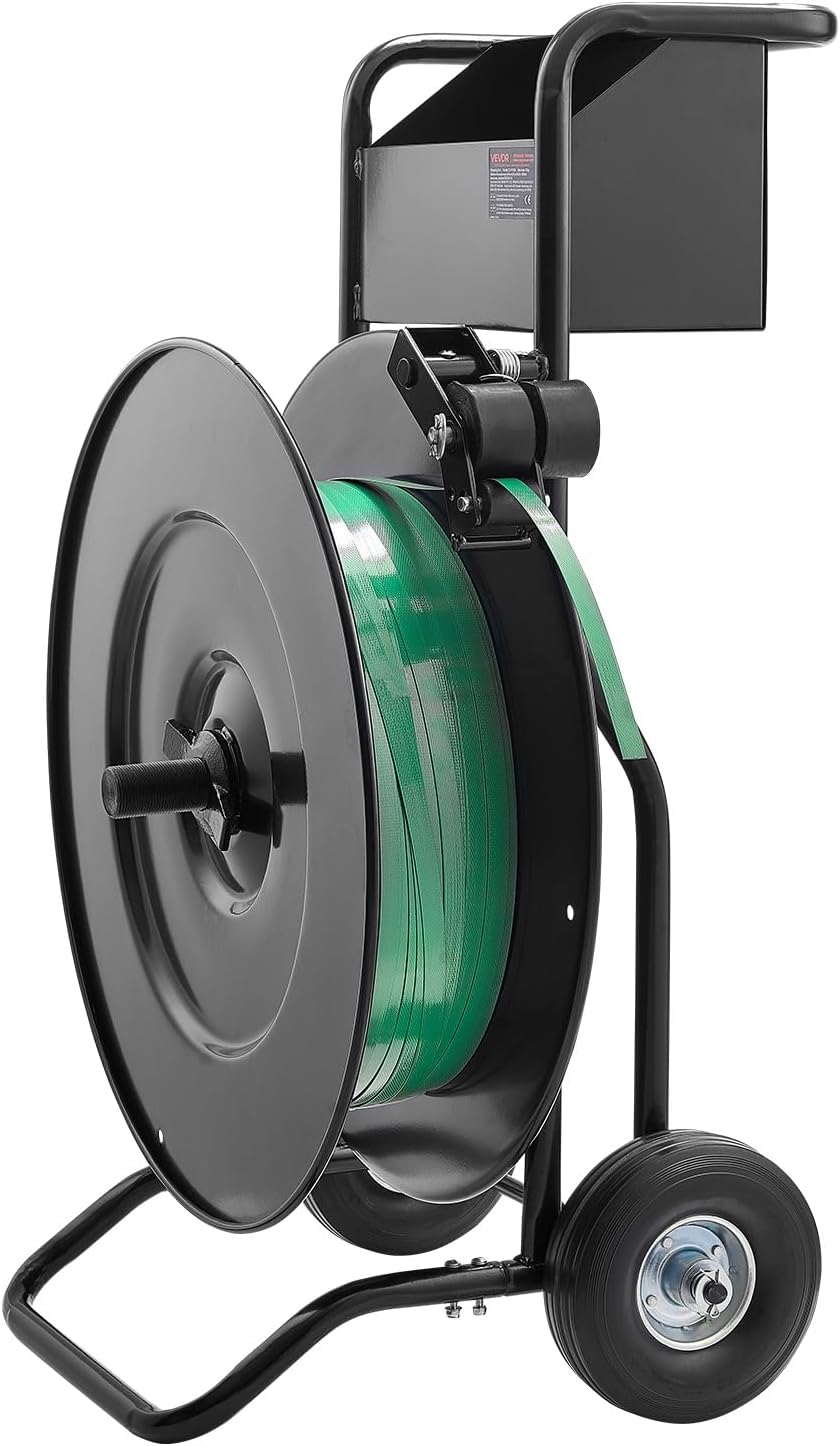 VEVOR Banding Strapping Cart, for PET/PP Coils with 8' or 16' Core, Heavy Duty Strapping Dispenser with Upgrade Drum Brake System, Rubber Wheels and Built-in Spacious Tool Tray, 110 lbs Capacity