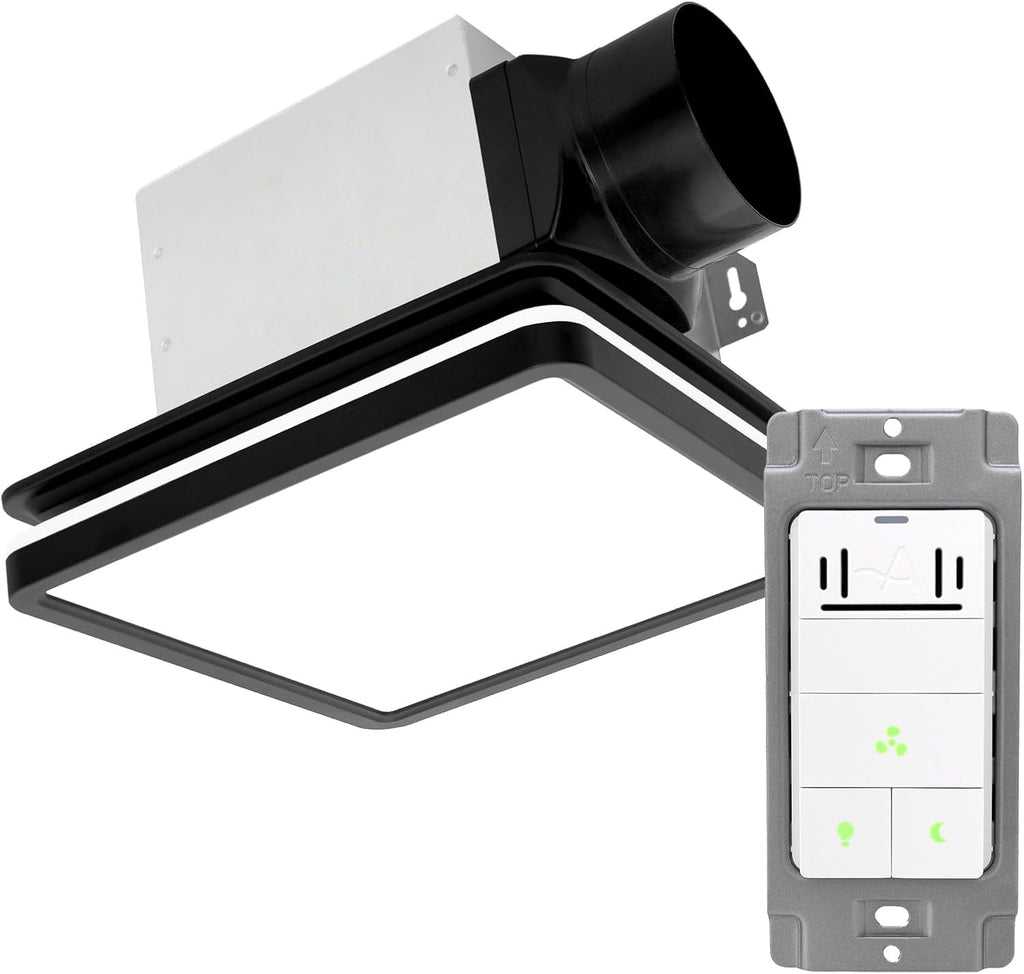 Akicon Bathroom Exhaust Fan with Light, 80CFM 2.0 Sones Powerful Bathroom Fan and Humidity Sensor Switch Combo, 3CCT LED Light and Nightlight Ventilation Fan for Home, Square, Black