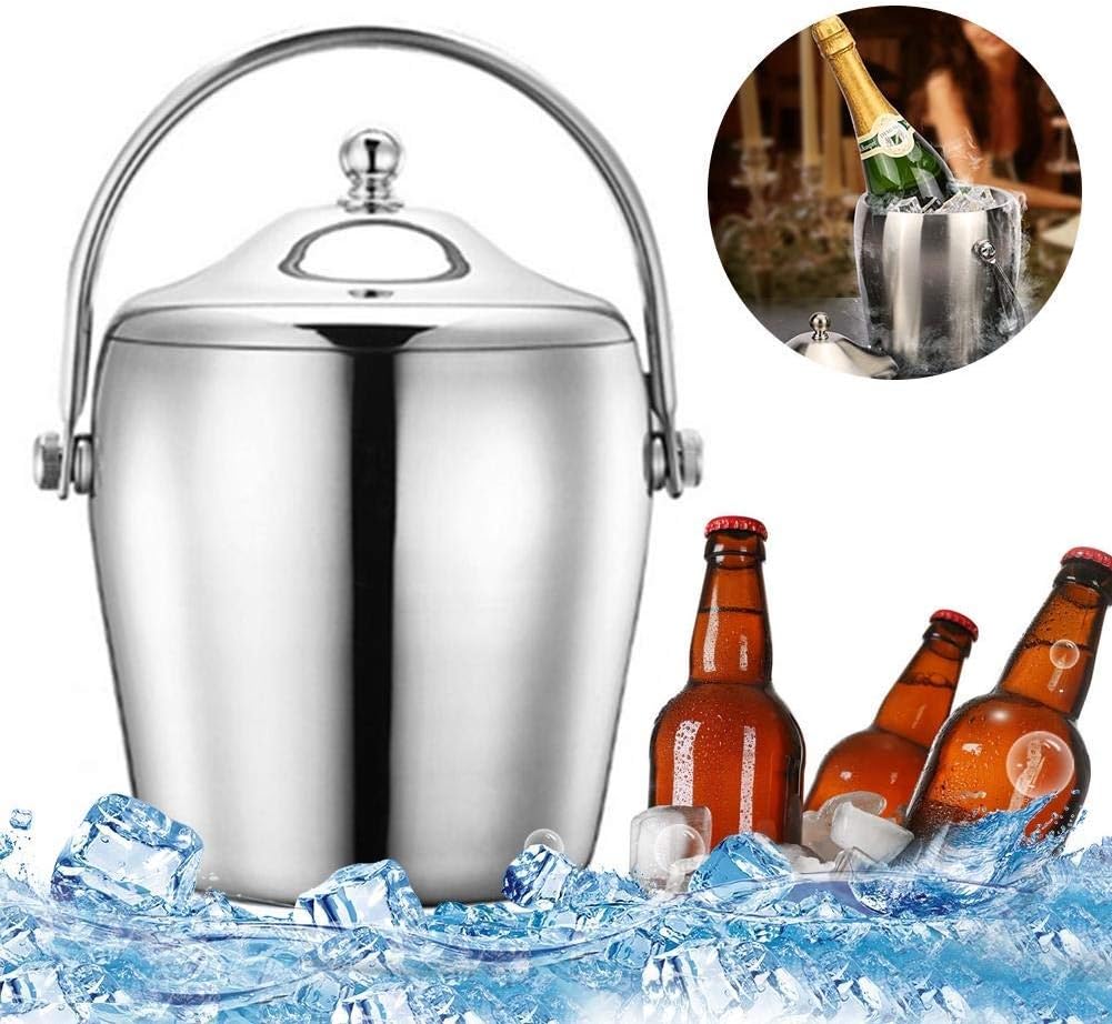 1.2/2L Stainless Steel Ice Bucket Portable 6-Hour Double-Layer Insulated Freezer with Lid for Parties Barbecues Buffets
