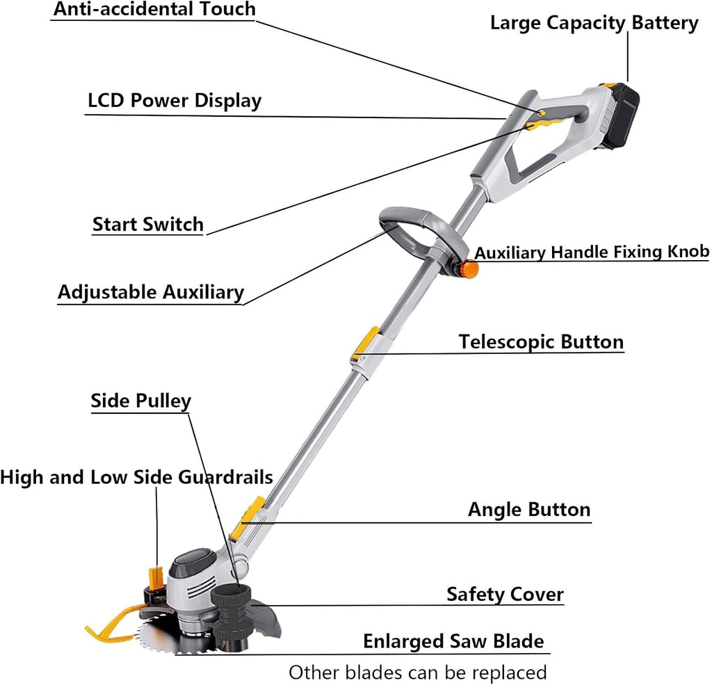 Cordless Weed Wacker & Edger, 3-in-1 Weed Trimmer Battery Operated, Electric Grass Edger Trimmer with 3 Cutting Blade Types, Lawn Mower for Patio Lawn Garden