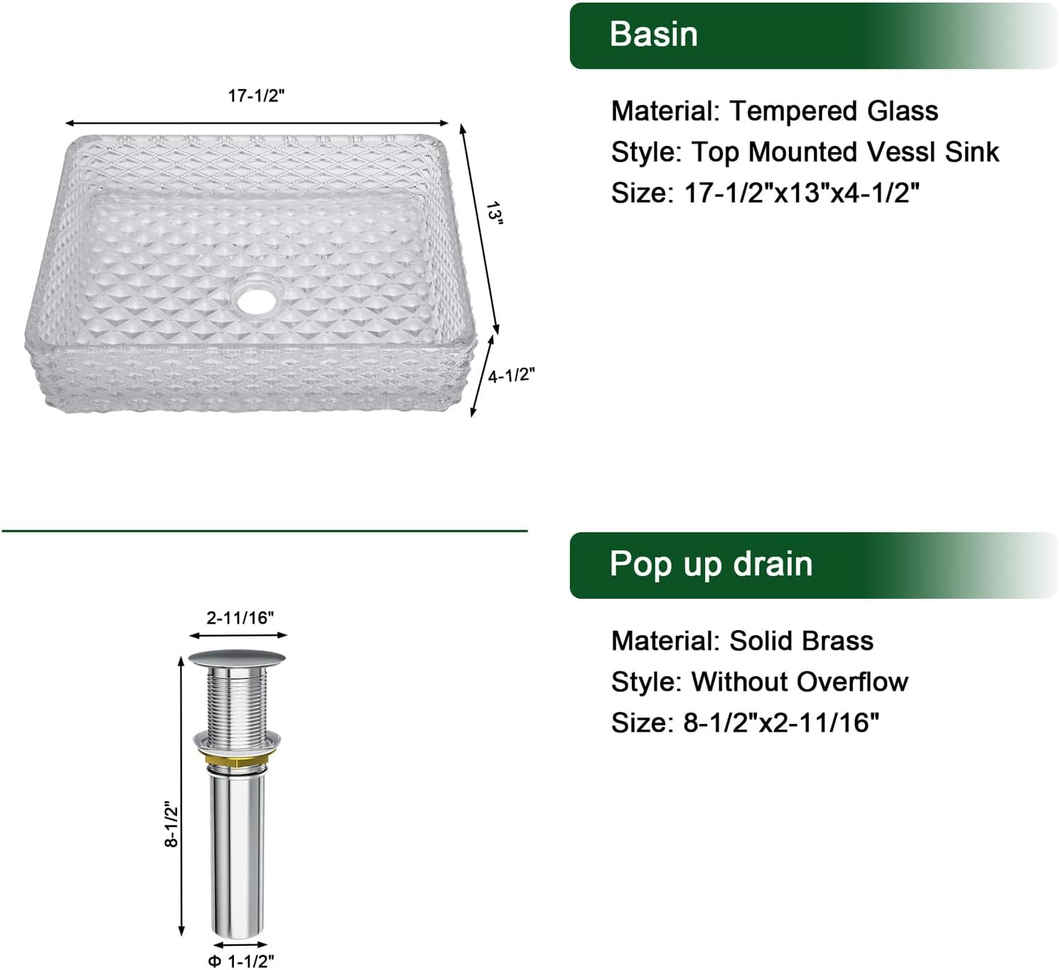 Sarlai Bathroom Vessel Sink Tempered Glass Bowl Vessel Sink with Pop-up Drain Combo 17-1/2x13 Inch Diamond Rectangular Countertop Bathroom Sink Basin