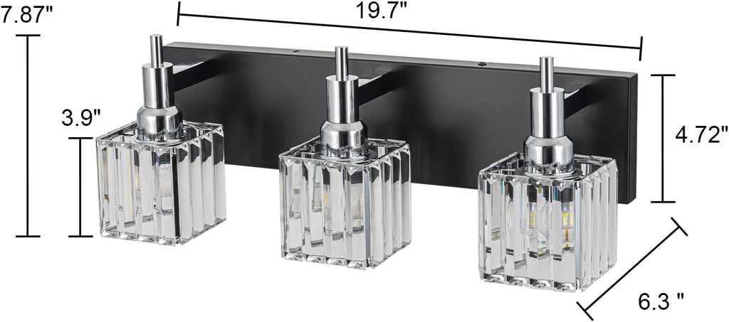 Chrome Bathroom Vanity Lights, Modern 3 Lights Crystal Bathroom Lighting Fixtures Over Mirror Black Chrome Wall Light with Square Shade