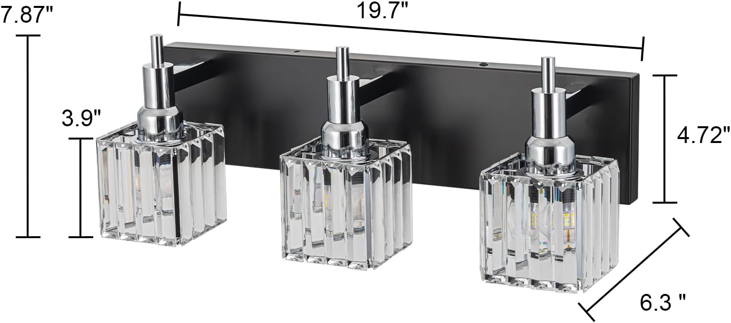Chrome Bathroom Vanity Lights, Modern 3 Lights Crystal Bathroom Lighting Fixtures Over Mirror Black Chrome Wall Light with Square Shade