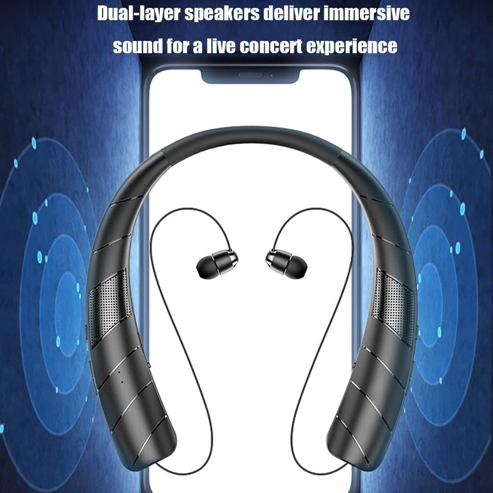 Retractable Neckband Bluetooth Headphones Neckband Earphone Wireless Earbuds 48H Playtime Built-in Speaker & IPX5 Waterproof, Auto-Coil Cord, Bilateral Stereo, Ultra-Light Comfortable Fit