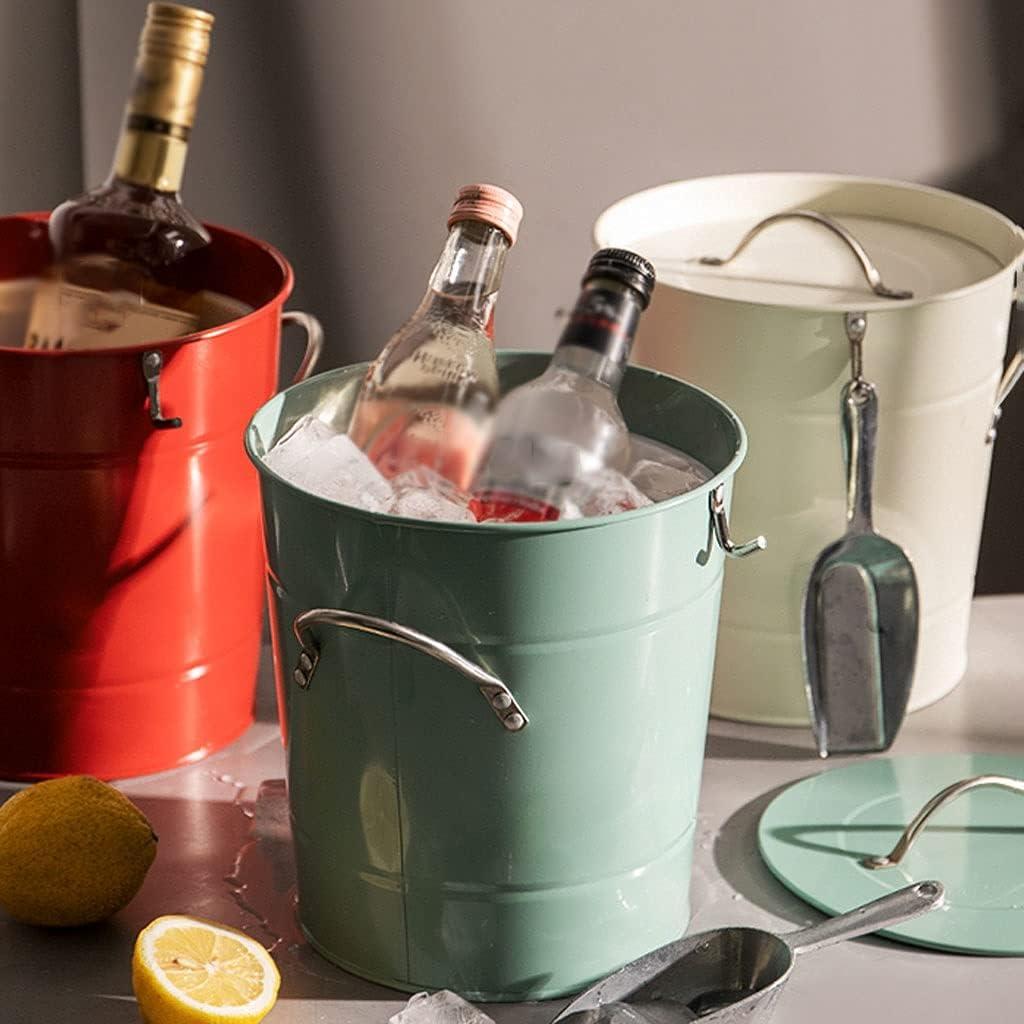 Ice Bucket Ice Bucket Cooler Wrought Iron Bar Beer Champagne Ice Bucket with Lid Small Ice Bucket White Blue Red Aluminum Color with Ice Shovel Ice Buckets for Cocktail Bar (Color : Blanc)