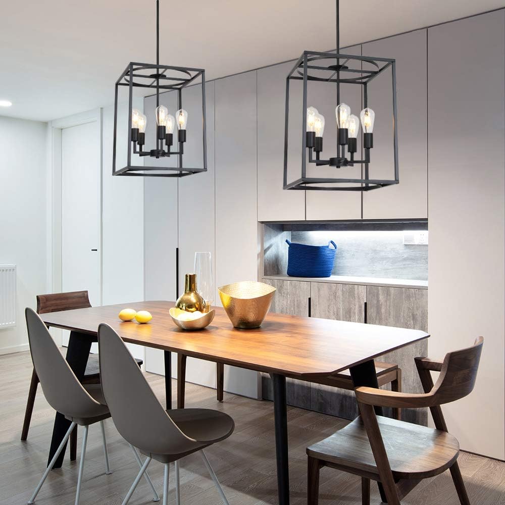BONLICHT 5 Light Large Farmhouse Chandelier Rustic Dining Room Lighting Fixtures Hanging,Black Foyer Square Cage Pendant Lighting Vintage Industrial Kitchen Island Ceiling Lamp with Metal Art Shade