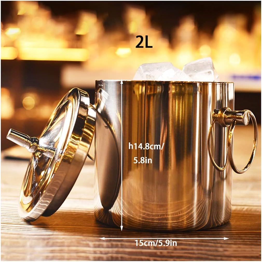 Ice Bucket,Tub Stainless Steel Bar Cooler Freezer with Lid Wine Bucket with Earrings Insulation Bucket Ice Filter 2L/Silver