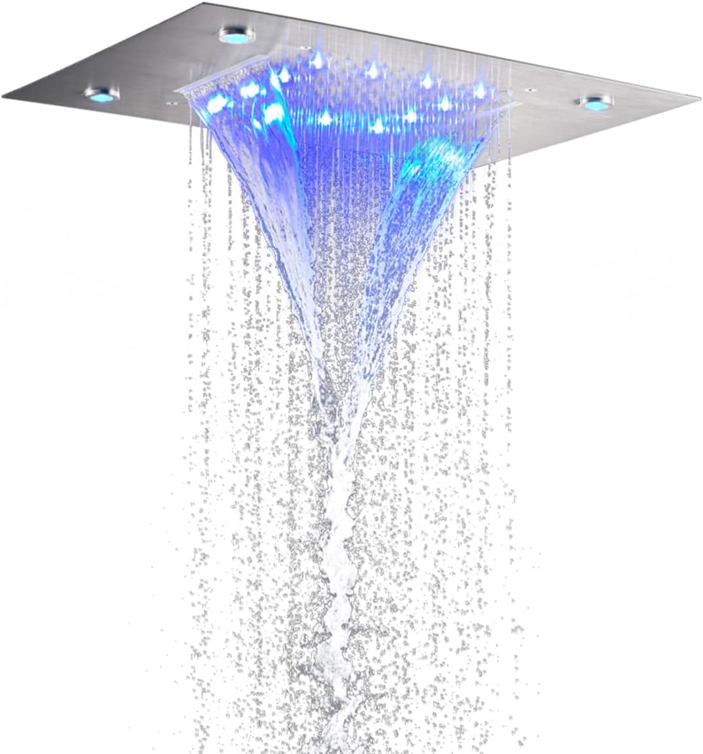 14X20 Inch LED Ceiling Rain Shower Head Rectangle Embedded Type With LED Lights Remote Control (Waterfall And Rain Shower Head, Brushed Nickel)