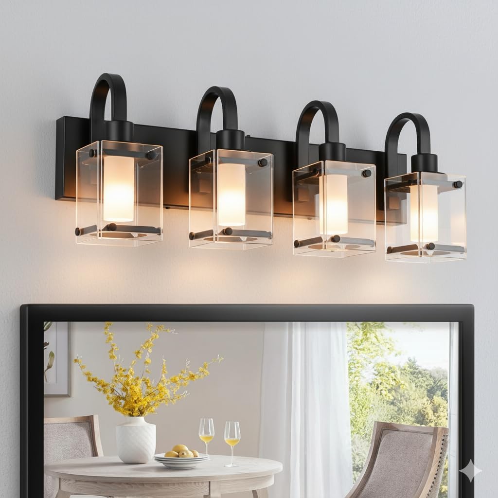 LED Modern Bathroom Vanity Lights, 4 Lights Black Bathroom Light Fixtures for Dressing Room, Integrated LED Chips, Frosted Column with Clear Square Glass Shade, Energy Saving Wall Sconce