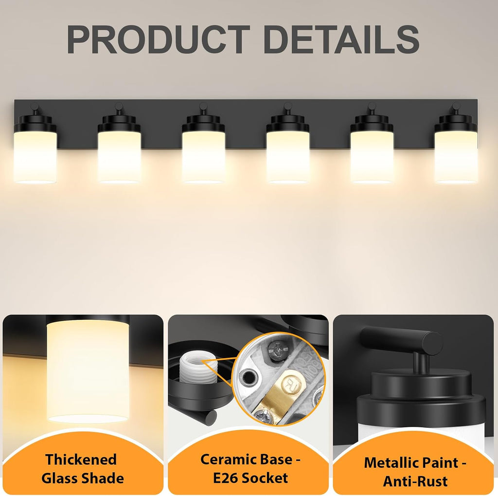 IZORRO Bathroom Vanity Light Fixture, 6-Light 46 Inch Matte Black Bathroom Light Fixtures Over Mirror, with White Glass Shade, Modern Farmhouse Vanity Lights, Rustic Restroom Lighting Fixtures