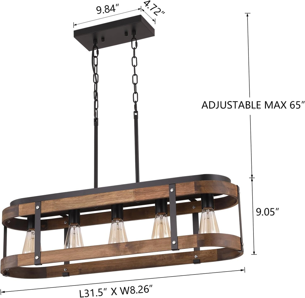 Rustic Farmhouse Wood Kitchen Island Lighting, 5 Lights Rectangular Pendant Light Fixture, Adjustable Rods Oak Wood and Metal Linear Chandelier for Kitchen Island Farmhouse Dining Room, Black
