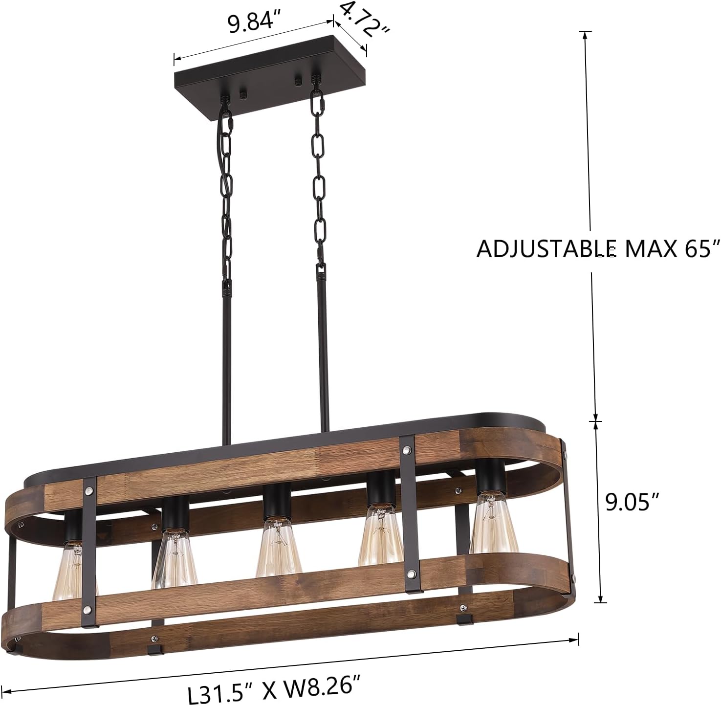 Rustic Farmhouse Wood Kitchen Island Lighting, 5 Lights Rectangular Pendant Light Fixture, Adjustable Rods Oak Wood and Metal Linear Chandelier for Kitchen Island Farmhouse Dining Room, Black