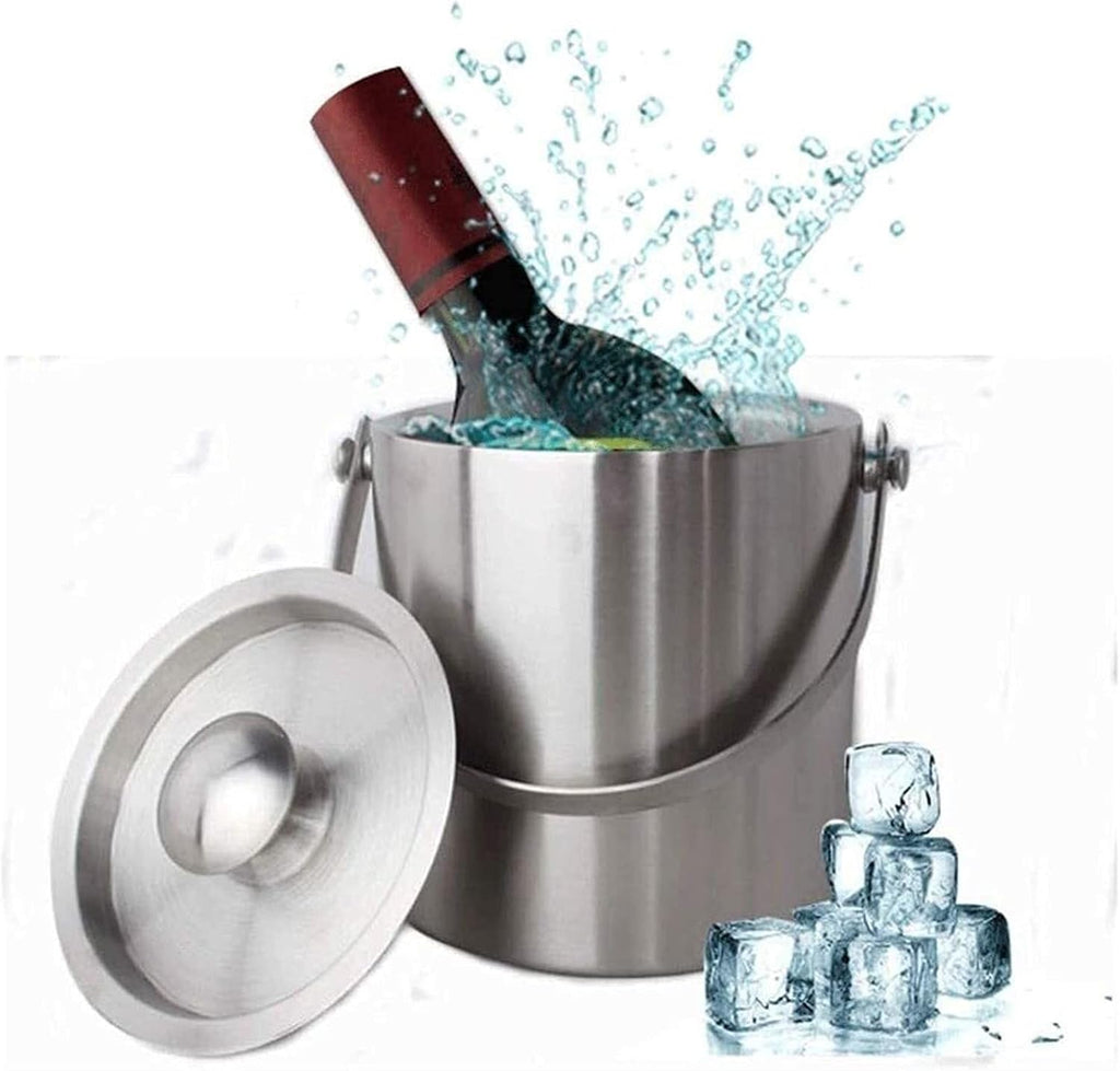 BTZHY Ice Bucket,Wine Glass Ice Bucket, with Scoop Lid and Handle, Stainless Steel