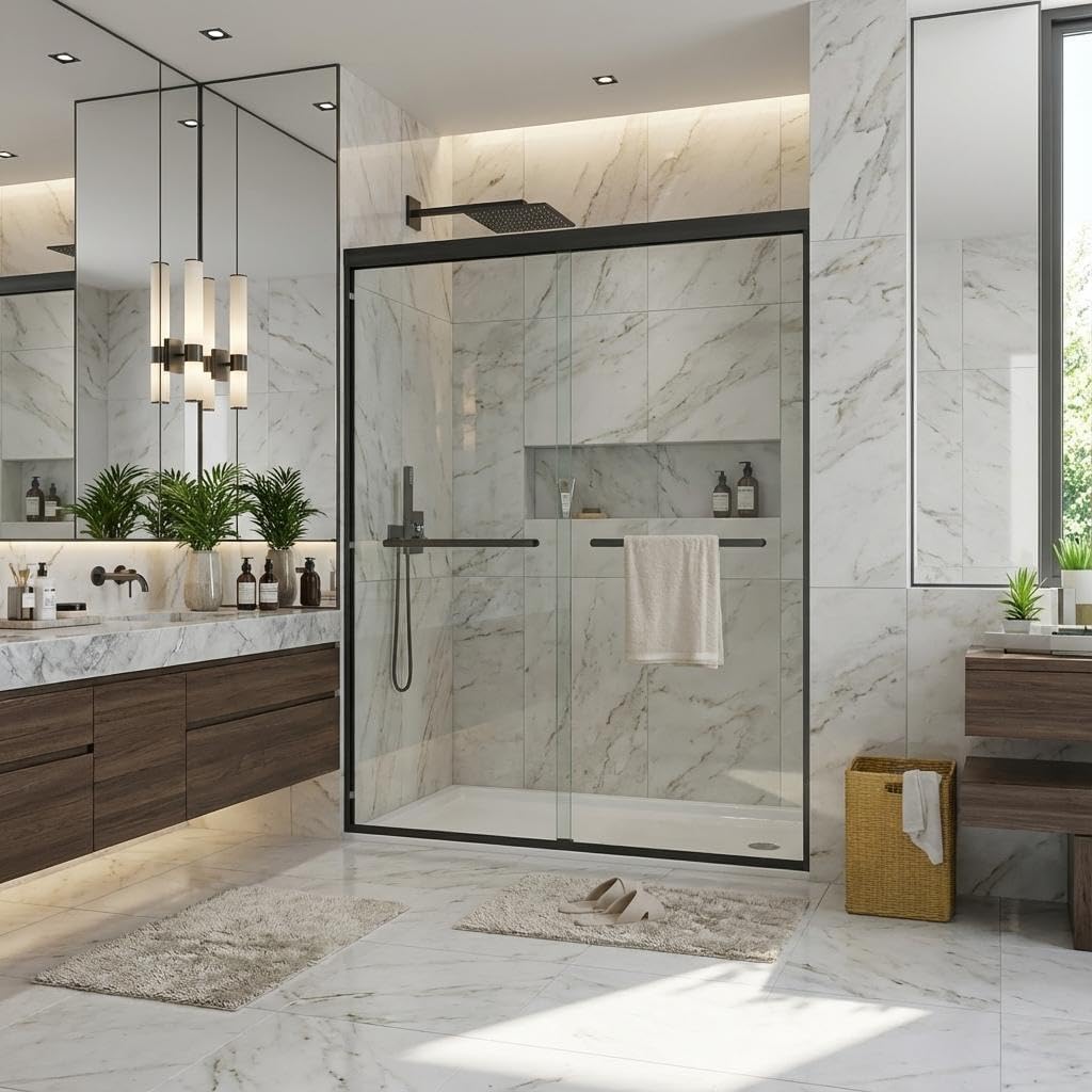 Sliding Glass Shower Door 56–60 Inch W x 72 Inch H, Shower Sliding Door with 8mm Tempered Glass, Double Shower Sliding Glass Door with Easy-Clean Coating, Matte Black Shower Glass Door