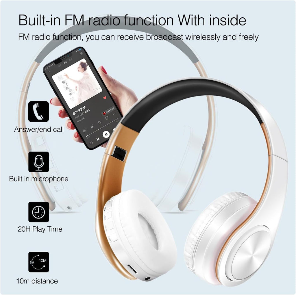 Bluetooth Headphones, Chat- Comfortable Over Ear Stereo Headphsets with Mic, Soft Earmuffs/Foldable/SD/TF, 20H Playtime, Great for Music/OFC/Tour/Gym/Game (10pcs Gold Colors)