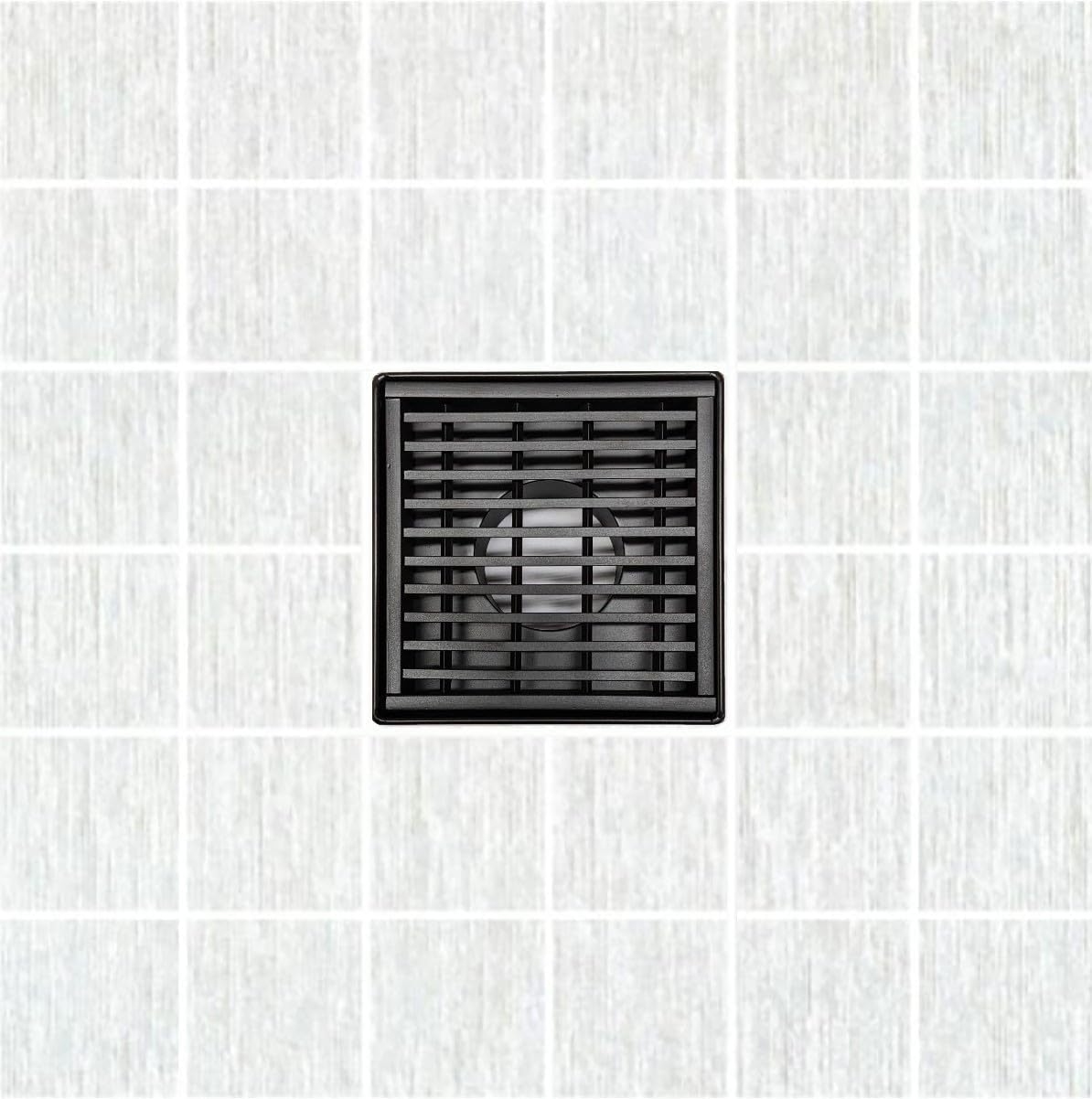 SereneDrains 304 Stainless Steel 4 Inch Square Matte Black Shower Drain Kit for Tile Floor Drain Grate Cover Hair Catcher Trap Strainer Filter (Matte Black, Linear Wedge Design)
