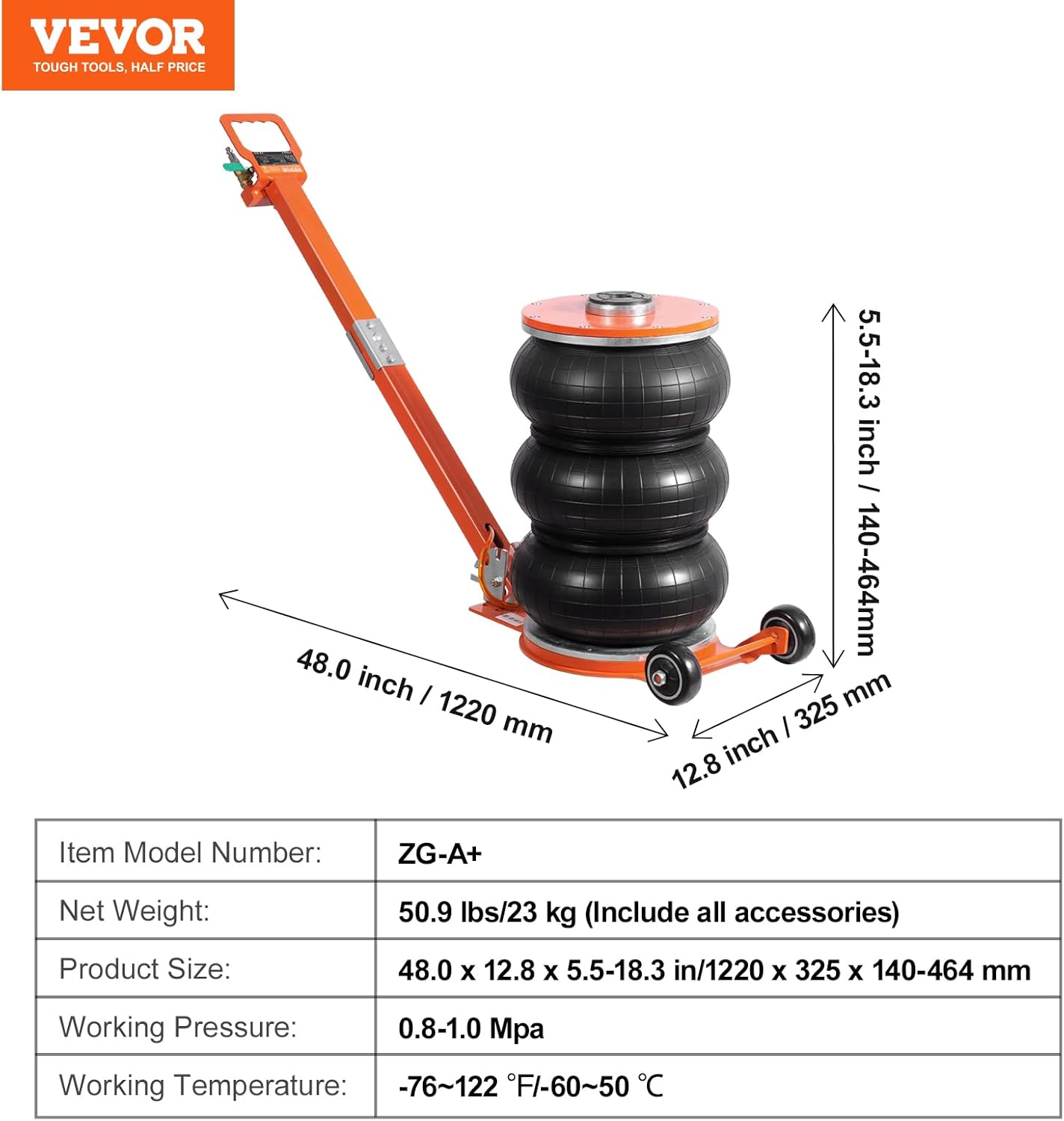 VEVOR Air Jack, 5 Ton/11000 lbs, 4-10 S Pneumatic Lifting Jack with Heightened Column & Adjustable Handle, Easy-to-Lift & Space-Saving Jack with Thick Rubber Pad, Fits for Sedan, SUV, Pickup Truck