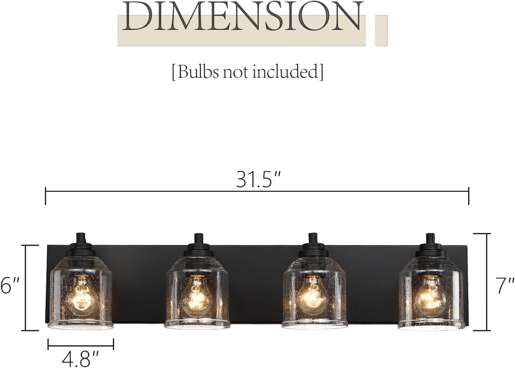 Vanity Lights for Bathroom Large 31.5', Farmhouse Rustic Vanity Light with Bubble Glass Shades, Black 4 Light Bathroom Lighting Fixtures Over Mirror, Bath Wall Sconce Home Decor