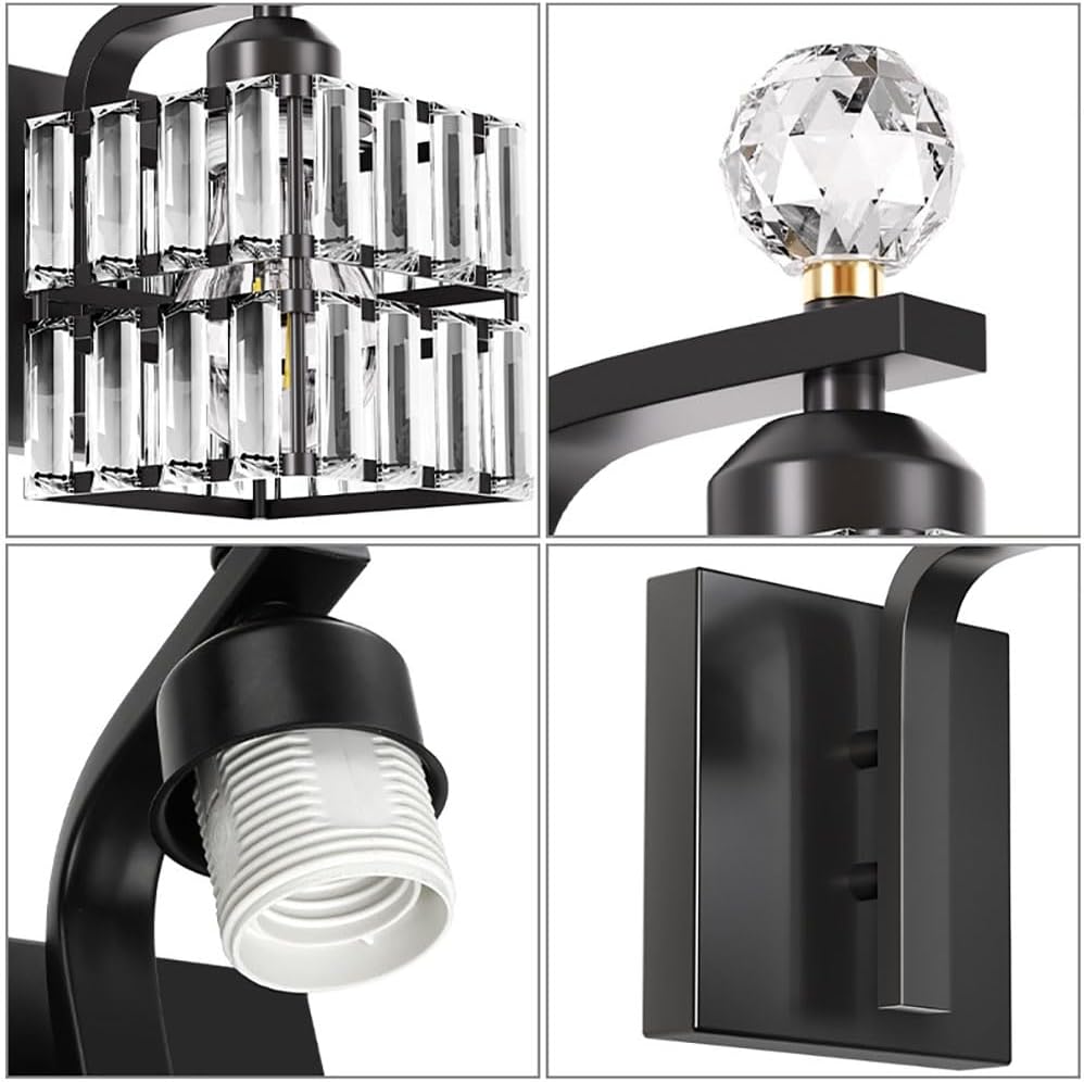 Modern Crystal Wall Sconce Set of 2 Black Finish Square Double Layer Prism Vanity Light Fixture for Bathroom Bedroom Mirror Living Room