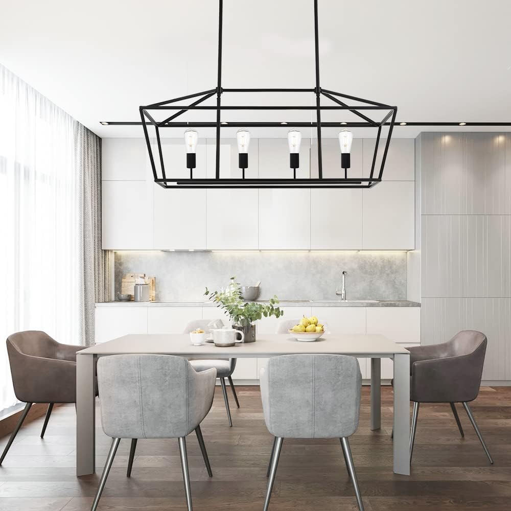 BONLICHT Kitchen Island Lighting 4 Lights in Matte Black Finish Farmhouse Chandelier Industrial Pendant Hanging Light Fixture for Dining Room Living Room Foyer