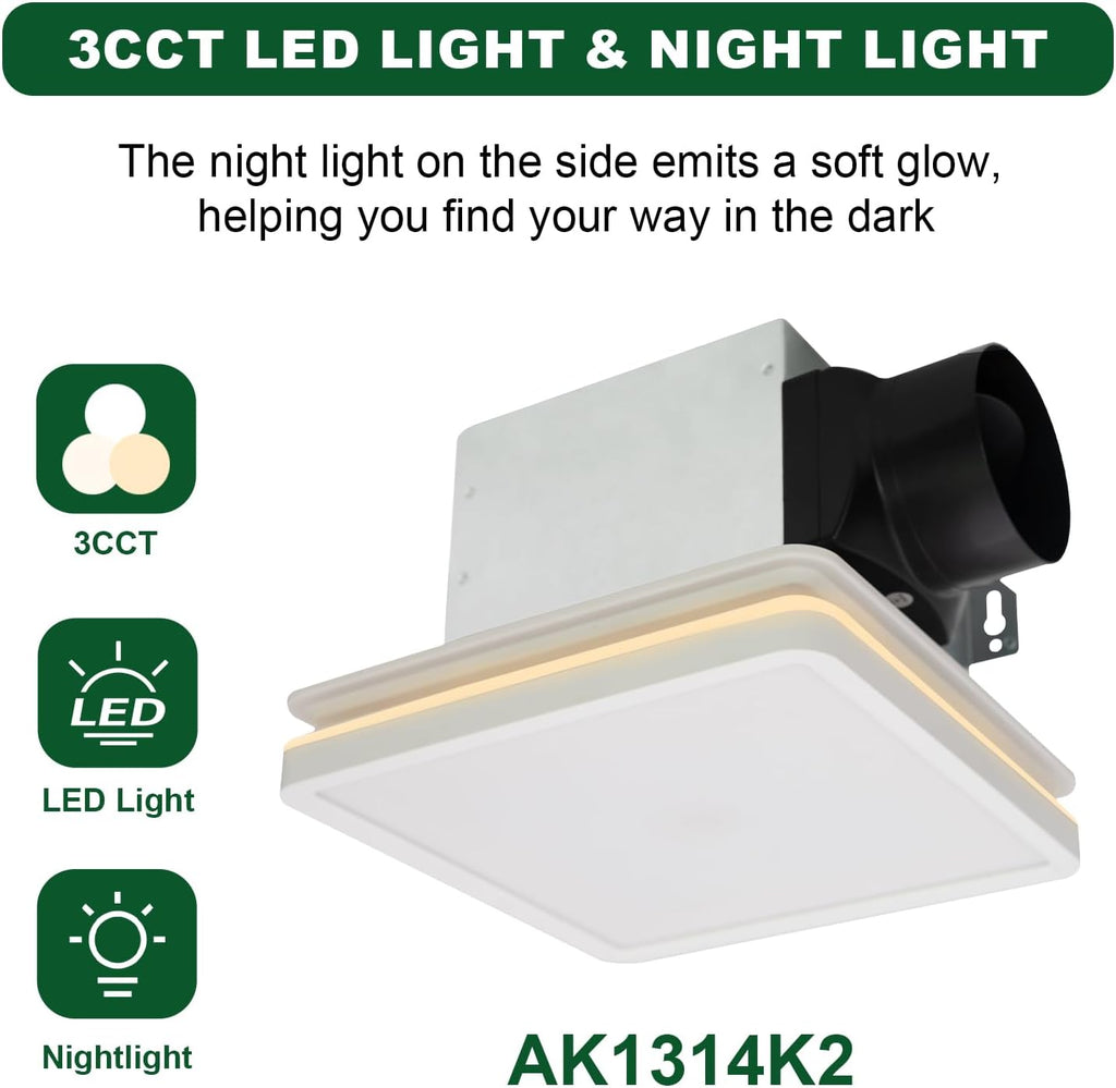 Akicon Bathroom Exhaust Fan with Light, 80CFM 2.0 Sones Powerful Bathroom Fan and Humidity Sensor Switch Combo, 3CCT LED Light and Nightlight Ventilation Fan for Home, Square, White