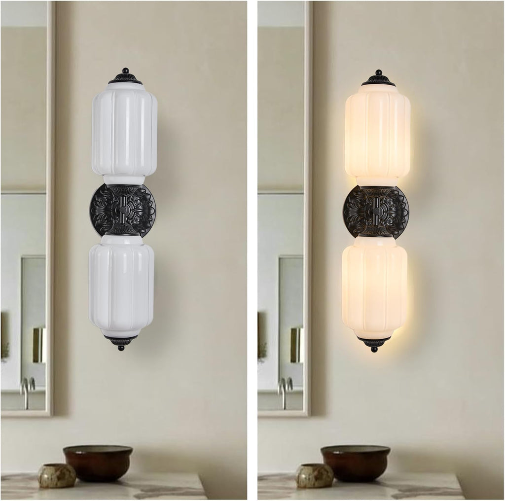 Vintage Milk Glass Vanity Light Fixture Over Mirror, 2-Light Wall Sconce with Black Metal, Vanity Lighting for Bathroom, Living Room, Bedroom