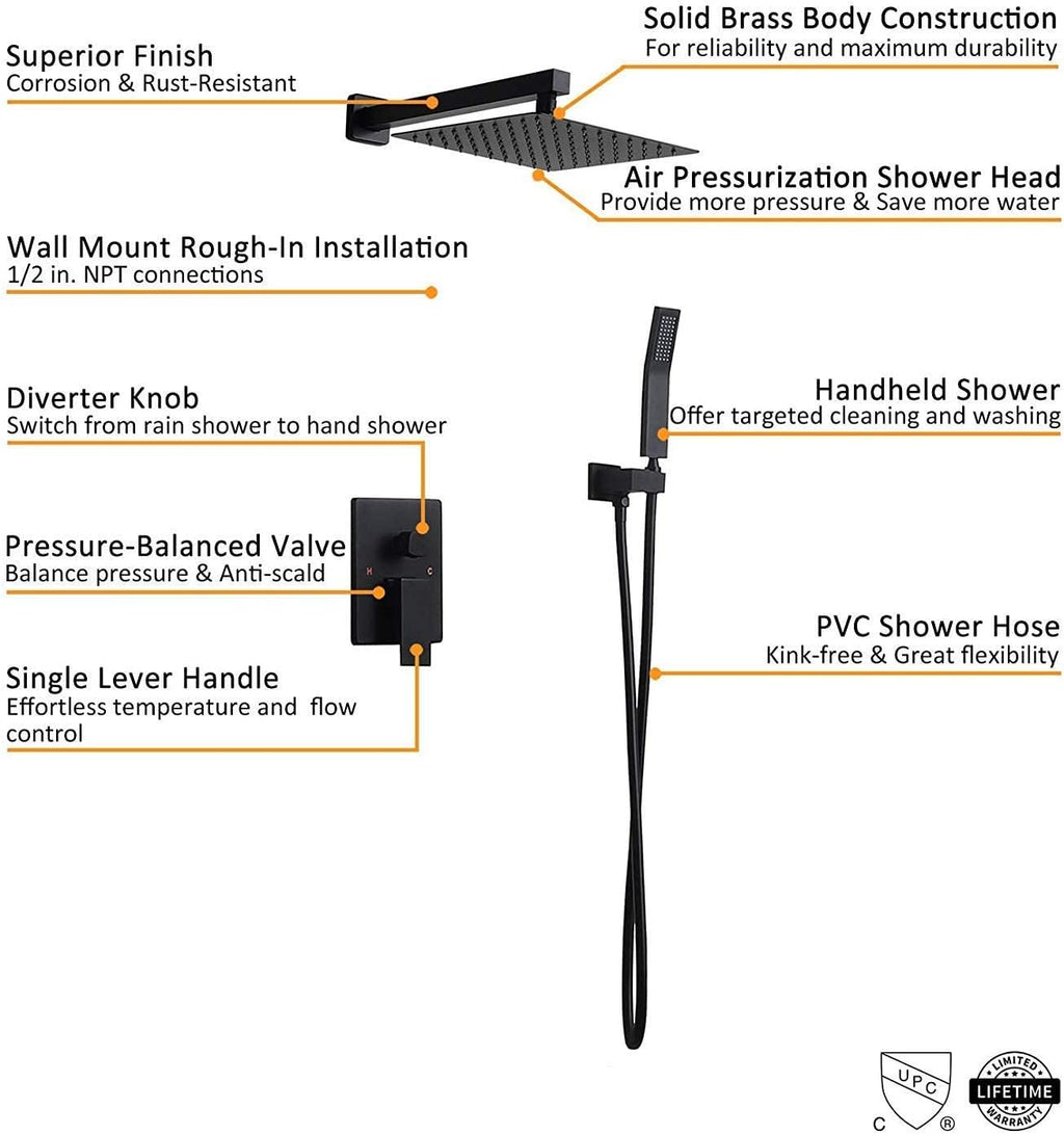 shower head -PE Shower System,Matte Black Wall Mounted Rain Shower Set 10' Square Shower Head Handheld Shower Modern Dual Function Shower Fixture for Bathroom, Solid Brass with Rough-in Valve Body