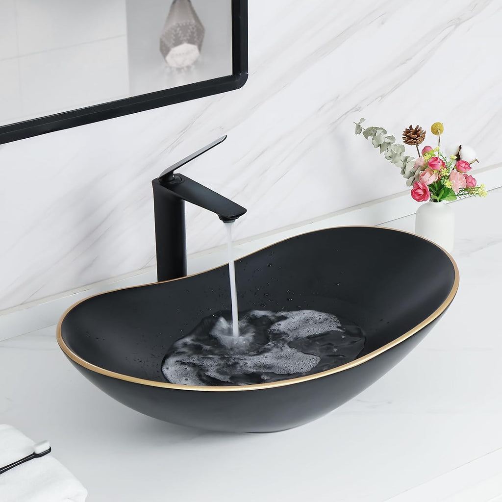 Davivy 24.5'' X 13.8'' Large Matte Black Oval Vessel Sink with Pop Up Drain,Bathroom Sinks Above Counter,Black Vessel Sink with Gold Trim,Ceramic Vessel Sinks for Bathrooms (Large)