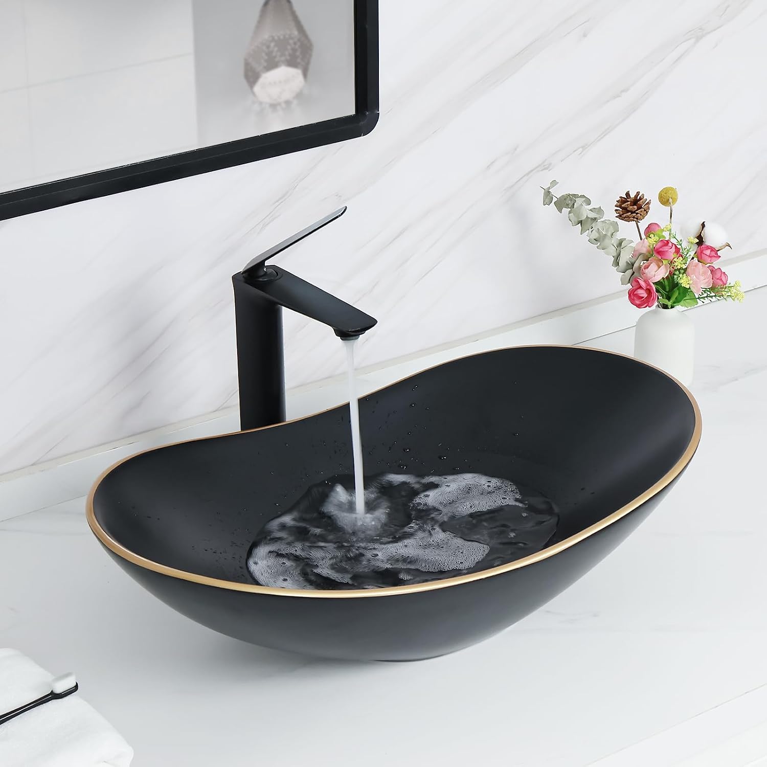 Davivy 24.5'' X 13.8'' Large Matte Black Oval Vessel Sink with Pop Up Drain,Bathroom Sinks Above Counter,Black Vessel Sink with Gold Trim,Ceramic Vessel Sinks for Bathrooms (Large)