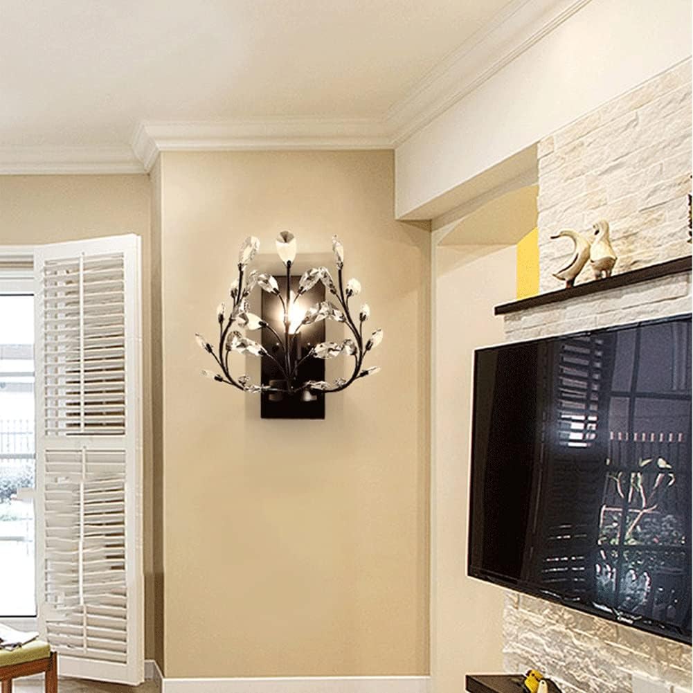 Wall Sconces LED Crystal Aisle Wall Lamp American Style Wrought Iron Candle Wall Sconce Wall Mounted Lighting Fixture for Bathroom Bedroom Living Room Aisle Decor Modern Wall Light Fixture(Black)