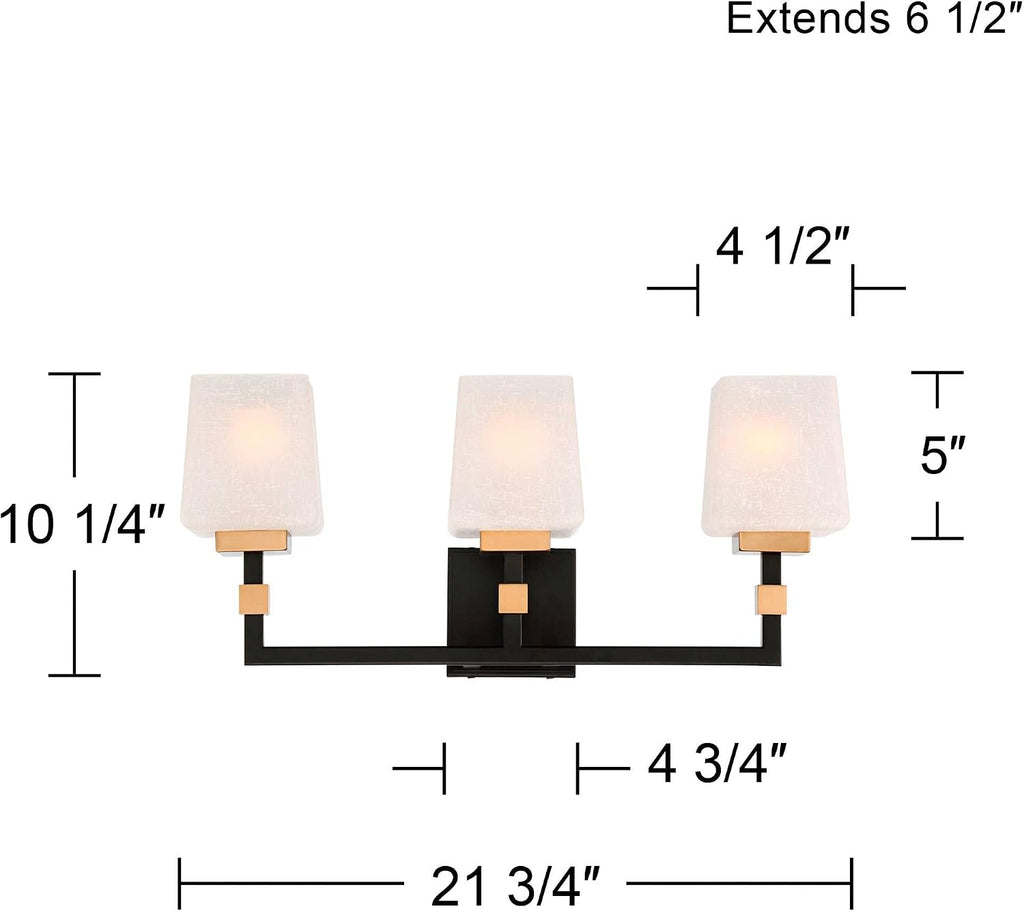 Possini Euro Design Beauregard Modern Industrial Wall Light Black Gold Metal Hardwired 21 3/4' Wide 3-Light Fixture Mounted Square Linen Glass Shade for Bathroom Vanity Mirror House Home Room Decor