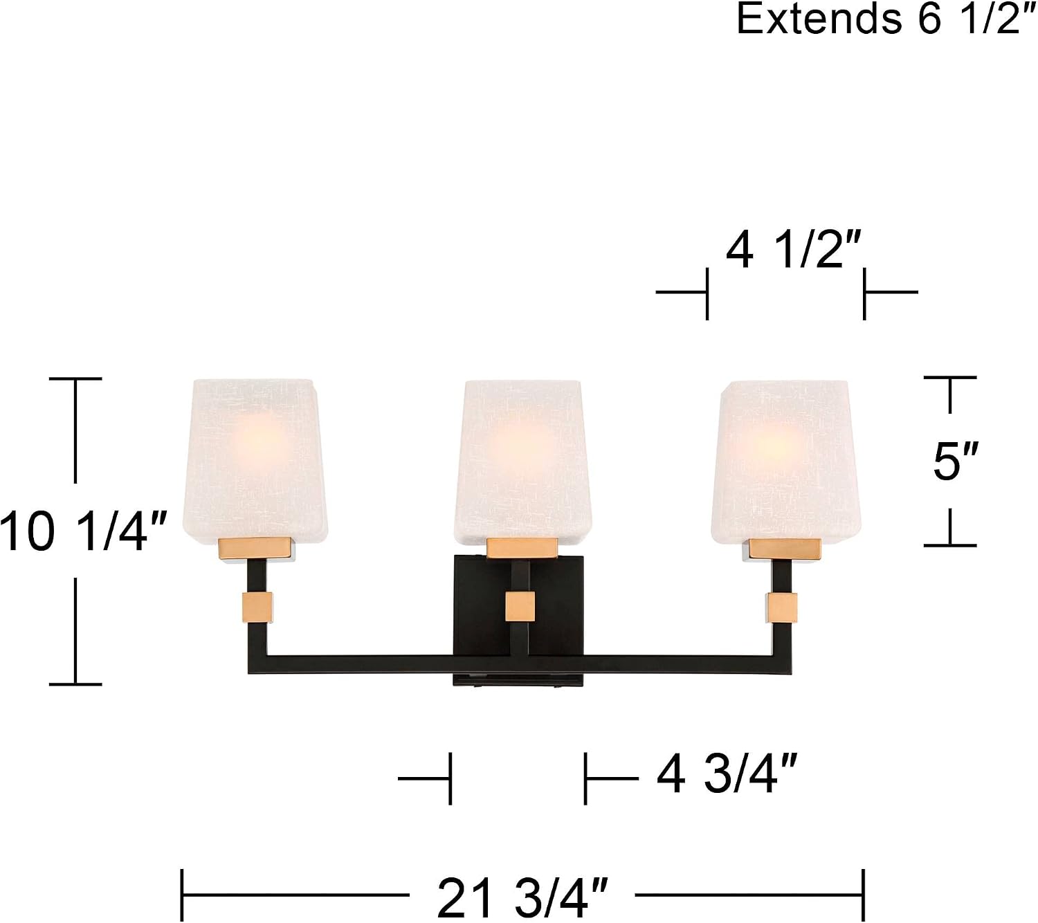 Possini Euro Design Beauregard Modern Industrial Wall Light Black Gold Metal Hardwired 21 3/4' Wide 3-Light Fixture Mounted Square Linen Glass Shade for Bathroom Vanity Mirror House Home Room Decor
